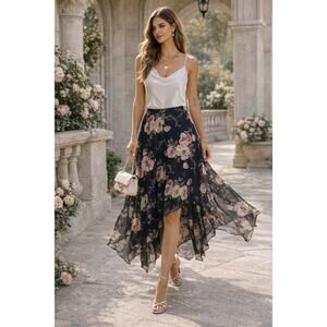 Lauren Ralph Lauren 100% Silk Blk Floral Handkerchief Hem Skirt M Fairy Feminine